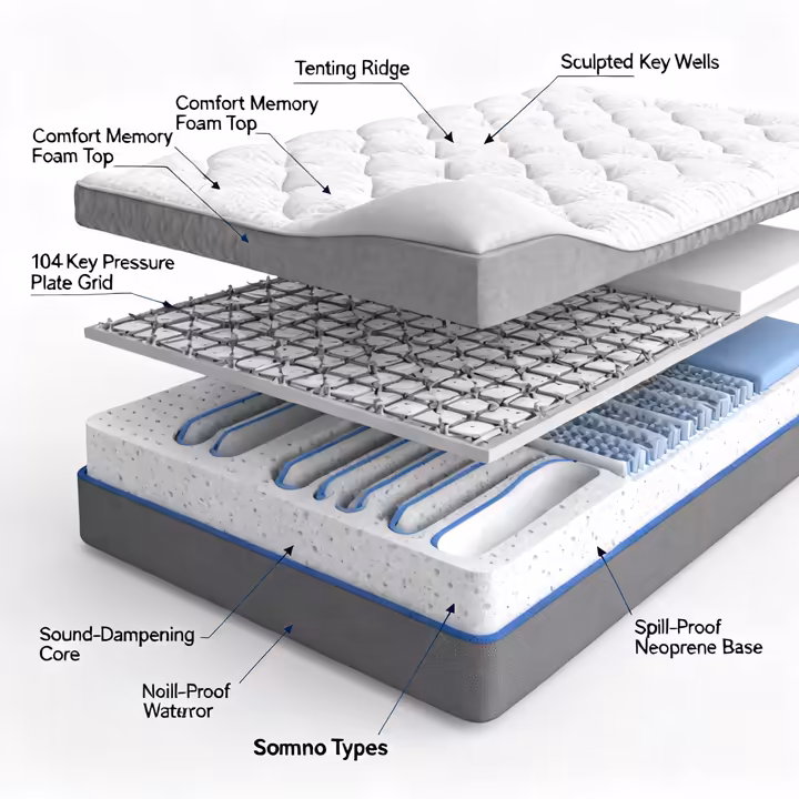 Cutaway view of the Somno-Type mattress showing its layers: memory foam, pressure plates, and sound-dampening core.