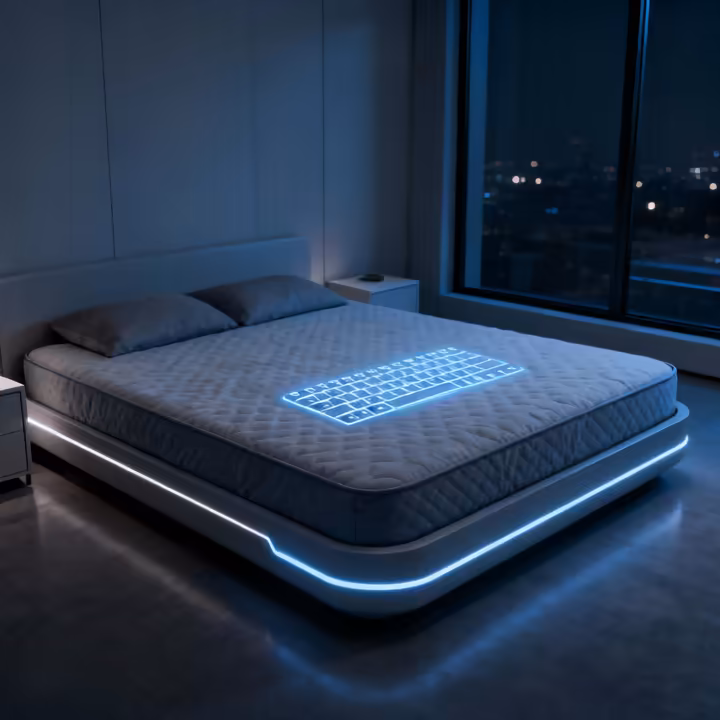 The Somno-Type mattress keyboard in a modern bedroom, with a faint glowing outline of a QWERTY layout on its surface.