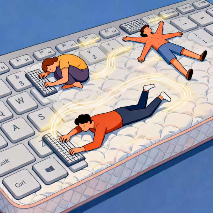 An illustration showing three different sleep-typing styles: the Fetal Position Curl, the Starfish Sprawl, and The Logroller.