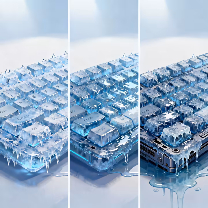 A sequence of three images showing the ice keyboard: first, perfectly solid and sharp; second, with a sheen of water on its surface; third, visibly dripping.