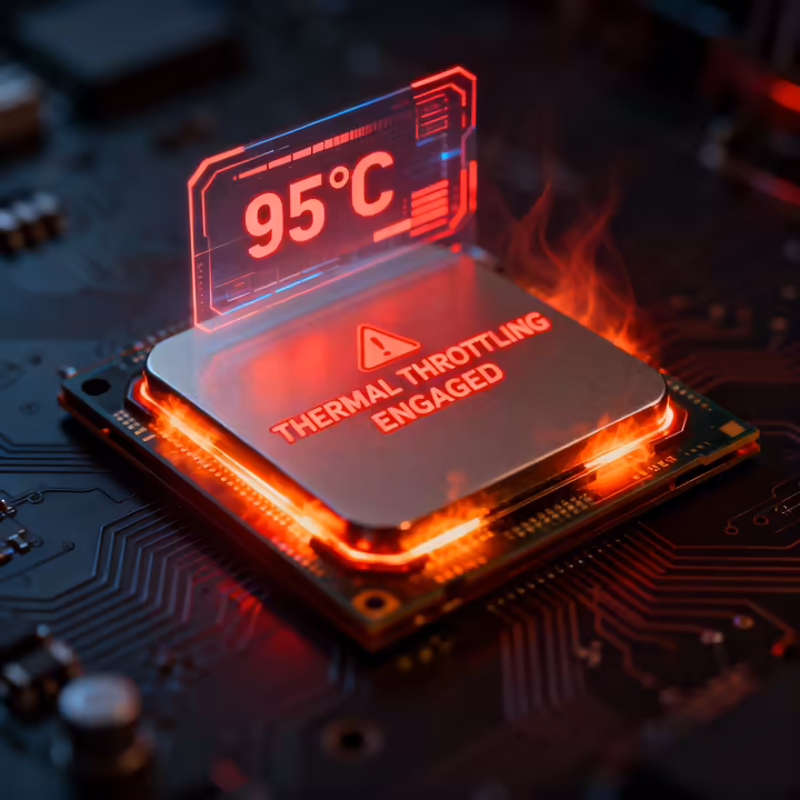 A high-end computer CPU glowing red-hot, with a digital overlay showing a temperature of 95°C and a 'Thermal Throttling' warning.