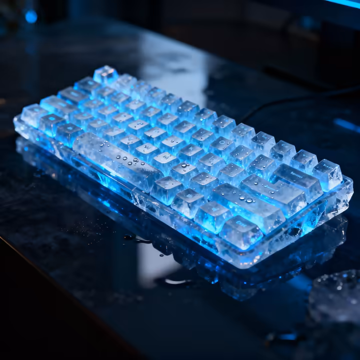 The CryoBoard, a computer keyboard made entirely of crystal-clear ice, glowing with a faint blue light on a dark, minimalist desk.