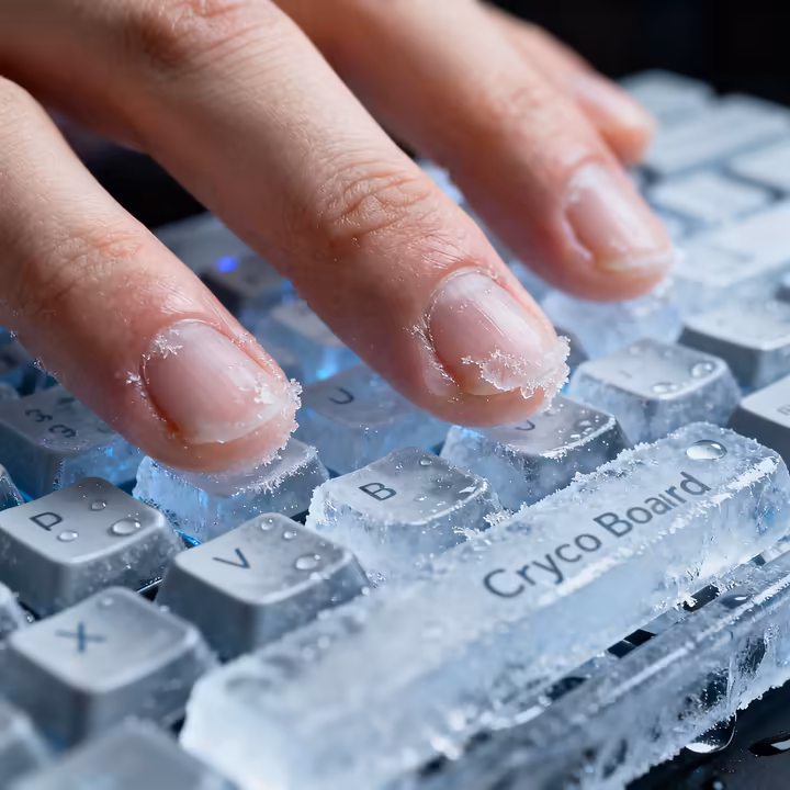A close-up of a person's fingertips, which appear pale and waxy, resting on the frozen keys of the CryoBoard.