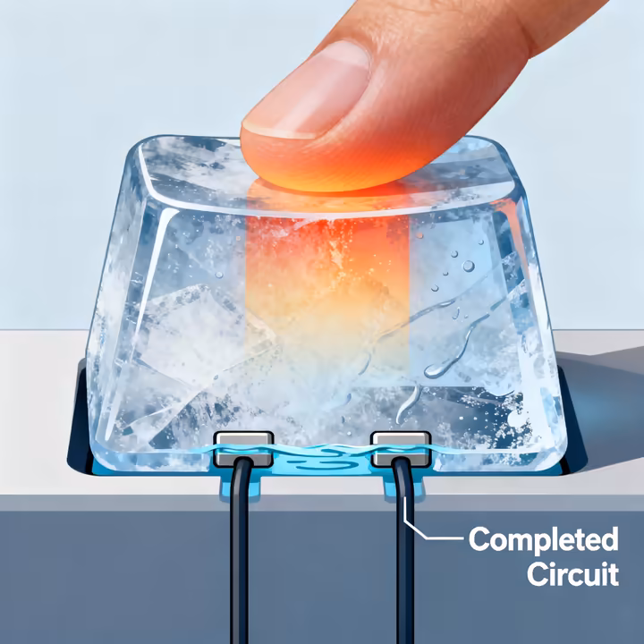 A technical diagram illustrating the 'Ice Switch' mechanism, showing a finger touching an ice key, melting a thin layer of water to connect two electrical contacts.
