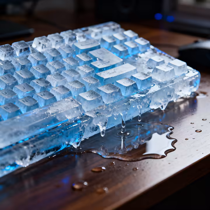 A time-lapse style image showing the ice keyboard in the process of melting into a puddle of pure water on a desk.