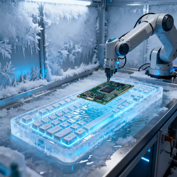 A view inside a high-tech freezer showing the CryoBoard chassis being built layer by layer from ice in a special mold.