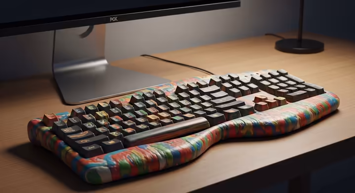 A fully constructed, artistic computer keyboard made from colorful, sculpted, used chewing gum, sitting on a clean, modern desk.