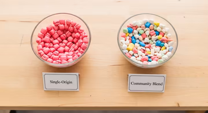 Two glass bowls on a workbench, one with uniform pink gum labeled 'single-origin' and another with a mix of colorful gum labeled 'community blend'.