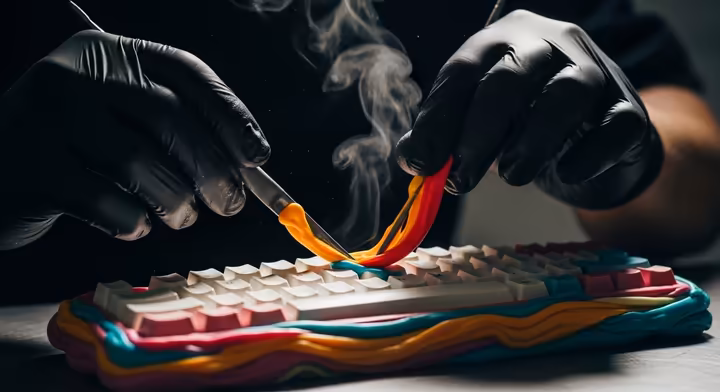 Close-up of hands wearing gloves, carefully sculpting the chassis of a keyboard from a large, pliable mass of multi-colored chewing gum.